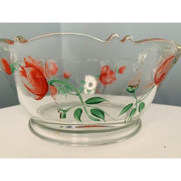 Hand Painted Red Rose Clear Glass Bowl Basket w/ Handles Flower Design - Picture 2 of 10